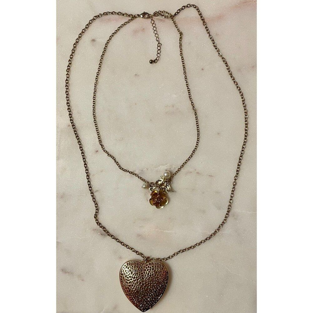 Y2K Brass Tone Double Strand Heart Charm Necklace